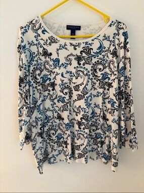 Karen Scott White Long-Sleeve Paisley Tee with Blue & Black Print
